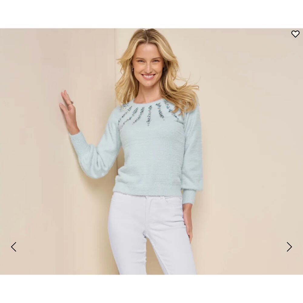 VENUS Sky Light Blue Jeweled Feather-Soft Long Sleeve Winter Sweater, XL - Picture 4 of 6